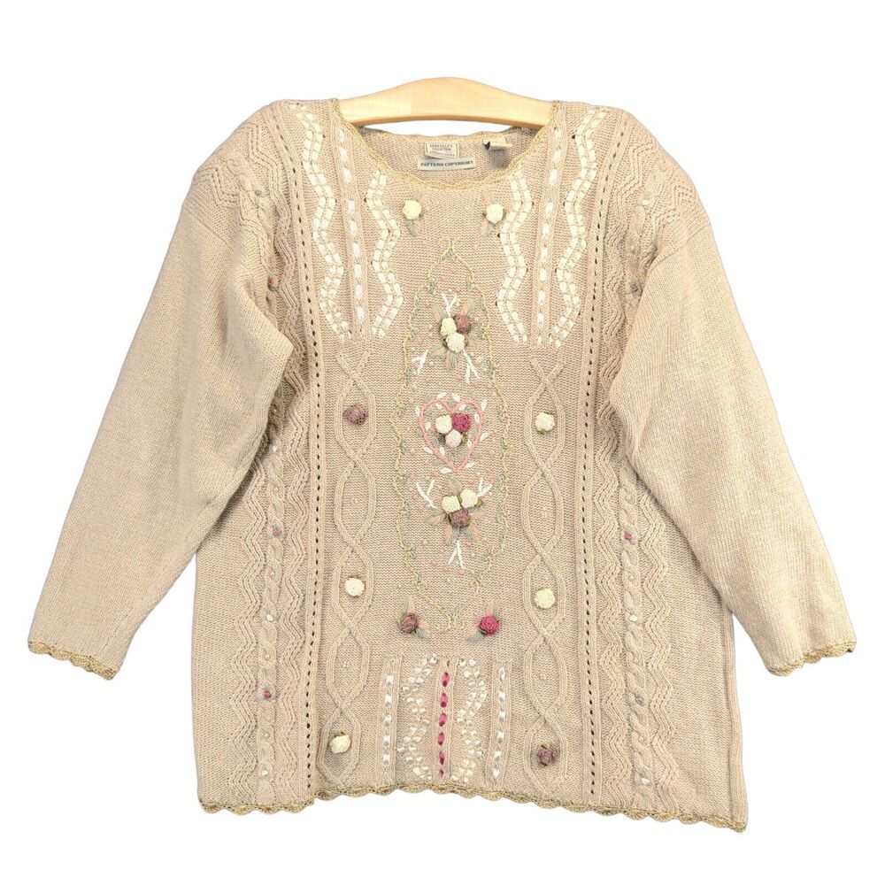 Specialty Collection Authentic Classics Cable Knit Sweater Size M Tan Flowers